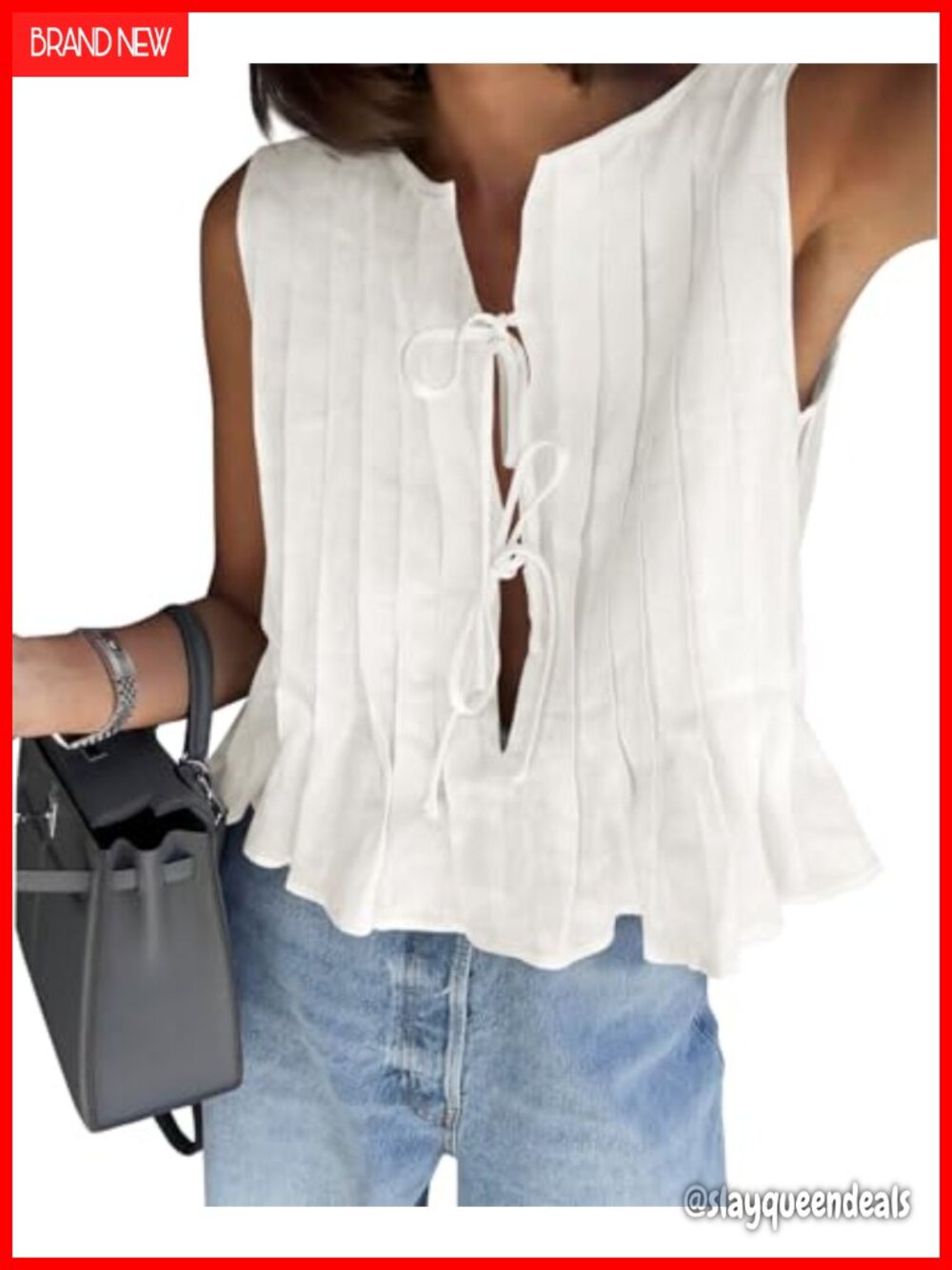 Bow Front Tie Tank Top Pleated Sleeveless Babydoll Peplum Shirt